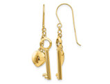 14K Yellow Gold Puff Heart Lock and Key Dangle Earrings